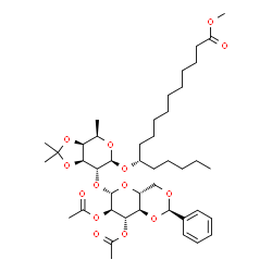 ChemSpider 2D Image | Methyl (11S)-11-{[6-deoxy-2-O-(2,3-di-O-acetyl-4,6-O-benzylidene-beta-D-glucopyranosyl)-3,4-O-isopropylidene-beta-D-galactopyranosyl]oxy}hexadecanoate | C43H66O14