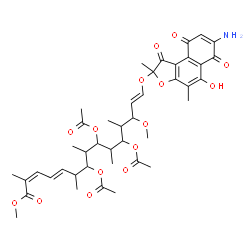 ChemSpider 2D Image | methyl (2Z,4E,14E)-7,9,11-triacetoxy-15-(7-amino-5-hydroxy-2,4-dimethyl-1,6,9-trioxo-benzo[e]benzofuran-2-yl)oxy-13-methoxy-2,6,8,10,12-pentamethyl-pentadeca-2,4,14-trienoate | C42H53NO15