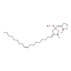 ChemSpider 2D Image | (3E,5S)-5-(Hydroxymethyl)-3-[(9Z)-9-octadecen-1-ylidene]-5-[(Z)-(2-oxodihydro-3(2H)-furanylidene)methyl]dihydro-2(3H)-furanone | C28H44O5