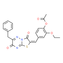 ChemSpider 2D Image | 4-[(E)-(6-Benzyl-3,7-dioxo-7H-[1,3]thiazolo[3,2-b][1,2,4]triazin-2(3H)-ylidene)methyl]-2-ethoxyphenyl acetate | C23H19N3O5S