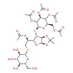 ChemSpider 2D Image | beta-D-Glucopyranosyl-(1->6)-[2,3,4,6-tetra-O-acetyl-beta-D-glucopyranosyl-(1->3)]-5-O-acetyl-1,2-O-isopropylidene-3,6-dithio-alpha-D-glucofuranose | C31H46O19S2
