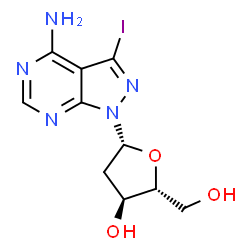 ChemSpider 2D Image | 1-(2-Deoxy-beta-D-erythro-pentofuranosyl)-3-iodo-1H-pyrazolo[3,4-d]pyrimidin-4-amine | C10H12IN5O3