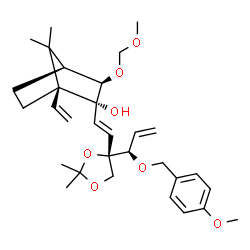 ChemSpider 2D Image | 4,5-Dideoxy-2-C-{(E)-2-[(1S,2R,3R,4S)-2-hydroxy-3-(methoxymethoxy)-7,7-dimethyl-1-vinylbicyclo[2.2.1]hept-2-yl]vinyl}-1,2-O-isopropylidene-3-O-(4-methoxybenzyl)-D-erythro-pent-4-enitol | C31H44O7