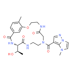 ChemSpider 2D Image | (13S)-13-[(1R)-1-Hydroxyethyl]-19-methyl-8-[(1-methyl-1H-imidazo[1,2-b]pyrazol-7-yl)carbonyl]-2-oxa-5,8,11,14-tetraazabicyclo[14.3.1]icosa-1(20),16,18-triene-6,12,15-trione | C25H31N7O6