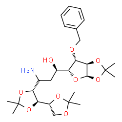 ChemSpider 2D Image | (1R,3S)-3-Amino-1-[(3aR,5R,6S,6aR)-6-(benzyloxy)-2,2-dimethyltetrahydrofuro[2,3-d][1,3]dioxol-5-yl]-3-[(4S,4'R,5R)-2,2,2',2'-tetramethyl-4,4'-bi-1,3-dioxol-5-yl]-1-propanol | C27H41NO9