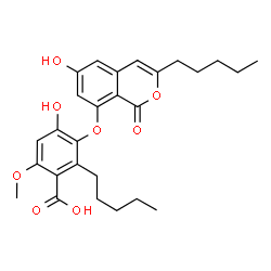 ChemSpider 2D Image | 4-Hydroxy-3-[(6-hydroxy-1-oxo-3-pentyl-1H-isochromen-8-yl)oxy]-6-methoxy-2-pentylbenzoic acid | C27H32O8