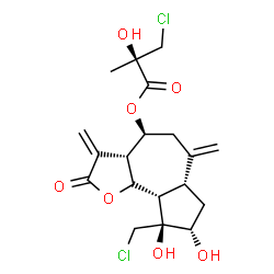ChemSpider 2D Image | (3aR,4S,6aR,8S,9S,9aS)-9-(Chloromethyl)-8,9-dihydroxy-3,6-bis(methylene)-2-oxododecahydroazuleno[4,5-b]furan-4-yl (2R)-3-chloro-2-hydroxy-2-methylpropanoate | C19H24Cl2O7