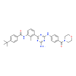 ChemSpider 2D Image | N-[3-(4-Amino-6-{[4-(4-morpholinylcarbonyl)phenyl]amino}-1,3,5-triazin-2-yl)-2-methylphenyl]-4-(2-methyl-2-propanyl)benzamide | C32H35N7O3