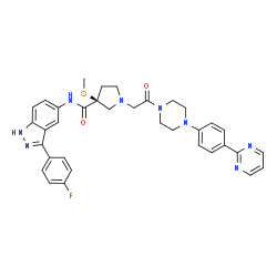 ChemSpider 2D Image | (3S)-N-[3-(4-Fluorophenyl)-1H-indazol-5-yl]-3-(methylsulfanyl)-1-(2-oxo-2-{4-[4-(2-pyrimidinyl)phenyl]-1-piperazinyl}ethyl)-3-pyrrolidinecarboxamide | C35H35FN8O2S