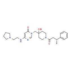 ChemSpider 2D Image | 3-({4-Hydroxy-1-[(3R)-3-phenylbutanoyl]-4-piperidinyl}methyl)-6-{[2-(1-pyrrolidinyl)ethyl]amino}-4(3H)-pyrimidinone | C26H37N5O3