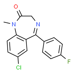 ChemSpider 2D Image | 7-Chloro-5-(4-fluorophenyl)-1-methyl-1,3-dihydro-2H-1,4-benzodiazepin-2-one | C16H12ClFN2O