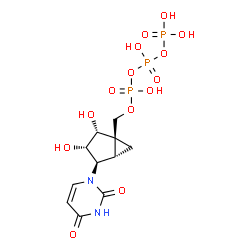 ChemSpider 2D Image | Triphosphoric acid, mono[[(1R,2R,3S,4R,5S)-4-(3,4-dihydro-2,4-dioxo-1(2H)-pyrimidinyl)-2,3-dihydroxybicyclo[3.1.0]hex-1-yl]methyl] ester | C11H17N2O14P3