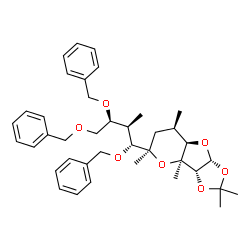 ChemSpider 2D Image | (3aR,3bS,5R,7R,7aR,8aR)-2,2,3b,5,7-Pentamethyl-5-[(1R,2R,3S)-1,3,4-tris(benzyloxy)-2-methylbutyl]hexahydro-3bH-[1,3]dioxolo[4,5]furo[3,2-b]pyran | C39H50O7