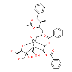 ChemSpider 2D Image | (1S,3R,4S,5R,6R,7R)-1-[(4R,5R)-4-Acetoxy-5-methyl-6-phenylhexyl]-4-hydroxy-3,4,5-tris(hydroxymethyl)-2,8-dioxabicyclo[3.2.1]octane-6,7-diyl dibenzoate | C38H44O12