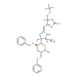 ChemSpider 2D Image | (1S)-1,5-Anhydro-2,4-di-O-benzyl-1-{(3S,5Z)-2-cyano-2,3-dimethyl-5-[(4-methyl-4-{[(2-methyl-2-propanyl)oxy]methyl}-2-oxo-3,4-dihydro-2H-pyrrol-5-yl)methylene]-3-pyrrolidinyl}-3,6-dideoxy-D-xylo-hexito
l | C38H49N3O5