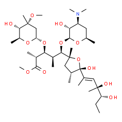 ChemSpider 2D Image | Methyl 2,6-dideoxy-3-C-methyl-3-O-methyl-alpha-L-ribo-hexopyranosyl-(1->3)-[3,4,6-trideoxy-3-(dimethylamino)-beta-D-xylo-hexopyranosyl-(1->5)]-(5R)-2,4-dideoxy-5-C-{(2R,4R,5S)-5-[(2E,4S,5R)-4,5-dihydr
oxy-4-methyl-2-hepten-2-yl]-5-hydroxy-2,4-dimethyltetrahydro-2-furanyl}-2,4-dimethyl-D-xylonate | C38H69NO13