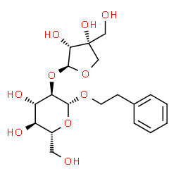 ChemSpider 2D Image | 2-Phenylethyl 2-O-[(2S,3R,4R)-3,4-dihydroxy-4-(hydroxymethyl)tetrahydro-2-furanyl]-beta-D-glucopyranoside | C19H28O10