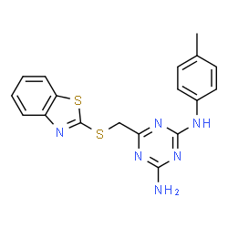 ChemSpider 2D Image | 6-[(1,3-Benzothiazol-2-ylsulfanyl)methyl]-N-(4-methylphenyl)-1,3,5-triazine-2,4-diamine | C18H16N6S2