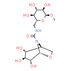 ChemSpider 2D Image | Methyl 6-deoxy-6-({[(1S,2R,3S,4R,5R)-2,3,4-trihydroxy-6-oxa-8-azabicyclo[3.2.1]oct-8-yl]carbonyl}amino)-alpha-D-glucopyranoside | C14H24N2O10