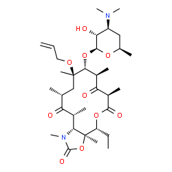 ChemSpider 2D Image | (3aS,4R,7R,9R,10R,11R,13R,15R,15aR)-11-(Allyloxy)-4-ethyl-1,3a,7,9,11,13,15-heptamethyl-2,6,8,14-tetraoxotetradecahydro-2H-oxacyclotetradecino[4,3-d][1,3]oxazol-10-yl 3,4,6-trideoxy-3-(dimethylamino)-
beta-D-xylo-hexopyranoside | C34H56N2O10