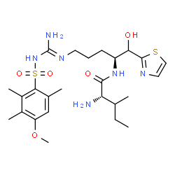 ChemSpider 2D Image | N-[(2S)-5-[(E)-(Amino{[(4-methoxy-2,3,6-trimethylphenyl)sulfonyl]amino}methylene)amino]-1-hydroxy-1-(1,3-thiazol-2-yl)-2-pentanyl]-L-isoleucinamide | C25H40N6O5S2