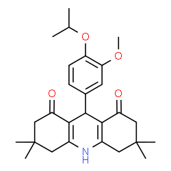 ChemSpider 2D Image | 9-(4-Isopropoxy-3-methoxyphenyl)-3,3,6,6-tetramethyl-3,4,6,7,9,10-hexahydro-1,8(2H,5H)-acridinedione | C27H35NO4