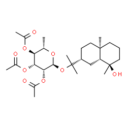 ChemSpider 2D Image | 2-[(2R,4aR,8R,8aR)-8-Hydroxy-4a,8-dimethyldecahydro-2-naphthalenyl]-2-propanyl 2,3,4-tri-O-acetyl-6-deoxy-alpha-L-mannopyranoside | C27H44O9