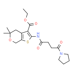 ChemSpider 2D Image | Ethyl 5,5-dimethyl-2-{[4-oxo-4-(1-pyrrolidinyl)butanoyl]amino}-4,7-dihydro-5H-thieno[2,3-c]pyran-3-carboxylate | C20H28N2O5S
