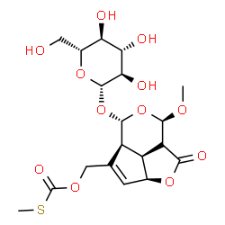 ChemSpider 2D Image | O-{[(2aR,4aS,5S,7R,7bS)-5-(beta-D-Glucopyranosyloxy)-7-methoxy-1-oxo-2a,4a,5,7,7a,7b-hexahydro-1H-2,6-dioxacyclopenta[cd]inden-4-yl]methyl} S-methyl carbonothioate | C19H26O12S