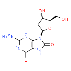 ChemSpider 2D Image | 2'-Deoxy-8-oxo(N~2~,N~8~,6-~15~N_3_)-7,8-dihydroguanosine | C10H13N215N3O5