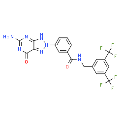 ChemSpider 2D Image | 3-(5-Amino-7-oxo-3,7-dihydro-2H-[1,2,3]triazolo[4,5-d]pyrimidin-2-yl)-N-[3,5-bis(trifluoromethyl)benzyl]benzamide | C20H13F6N7O2