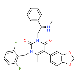 ChemSpider 2D Image | 5-(1,3-Benzodioxol-5-yl)-1-(2,6-difluorobenzyl)-6-methyl-3-[(2R)-2-(methylamino)-2-phenylethyl]-2,4(1H,3H)-pyrimidinedione | C28H25F2N3O4