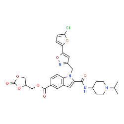 ChemSpider 2D Image | (2-Oxo-1,3-dioxolan-4-yl)methyl 1-{[5-(5-chloro-2-thienyl)-1,2-oxazol-3-yl]methyl}-2-[(1-isopropyl-4-piperidinyl)carbamoyl]-1H-indole-5-carboxylate | C30H31ClN4O7S