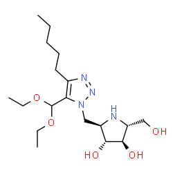 ChemSpider 2D Image | (2R,3R,4R,5R)-2-{[5-(Diethoxymethyl)-4-pentyl-1H-1,2,3-triazol-1-yl]methyl}-5-(hydroxymethyl)-3,4-pyrrolidinediol | C18H34N4O5