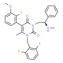 ChemSpider 2D Image | 1-(2,6-Difluorobenzyl)-5-(2-fluoro-3-methoxyphenyl)-6-methyl-3-[(2R)-2-(methylamino)-2-phenylethyl]-2,4(1H,3H)-pyrimidinedione | C28H26F3N3O3