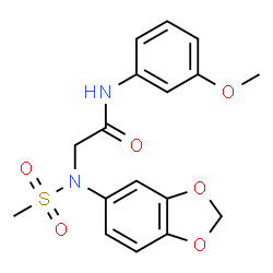 ChemSpider 2D Image | N~2~-1,3-Benzodioxol-5-yl-N-(3-methoxyphenyl)-N~2~-(methylsulfonyl)glycinamide | C17H18N2O6S
