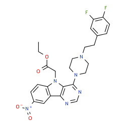 ChemSpider 2D Image | Ethyl (4-{4-[2-(3,4-difluorophenyl)ethyl]-1-piperazinyl}-8-nitro-5H-pyrimido[5,4-b]indol-5-yl)acetate | C26H26F2N6O4