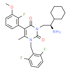 ChemSpider 2D Image | 3-[(2R)-2-Amino-2-cyclohexylethyl]-1-(2,6-difluorobenzyl)-5-(2-fluoro-3-methoxyphenyl)-6-methyl-2,4(1H,3H)-pyrimidinedione | C27H30F3N3O3