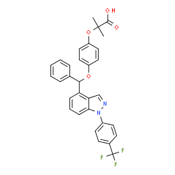 ChemSpider 2D Image | 2-Methyl-2-[4-(phenyl{1-[4-(trifluoromethyl)phenyl]-1H-indazol-4-yl}methoxy)phenoxy]propanoic acid | C31H25F3N2O4