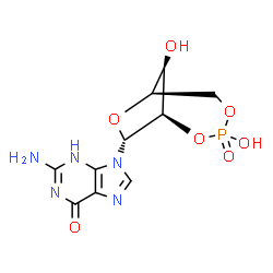 ChemSpider 2D Image | 2-Amino-9-[(1R,6R,8R,9R)-3,9-dihydroxy-3-oxido-2,4,7-trioxa-3-phosphabicyclo[4.2.1]non-8-yl]-3,9-dihydro-6H-purin-6-one | C10H12N5O7P