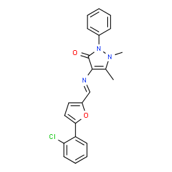 ChemSpider 2D Image | 4-({(E)-[5-(2-Chlorophenyl)-2-furyl]methylene}amino)-1,5-dimethyl-2-phenyl-1,2-dihydro-3H-pyrazol-3-one | C22H18ClN3O2