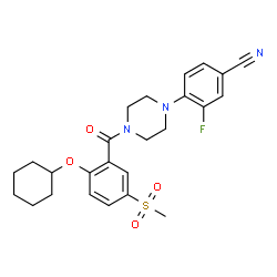 ChemSpider 2D Image | 4-{4-[2-(Cyclohexyloxy)-5-(methylsulfonyl)benzoyl]-1-piperazinyl}-3-fluorobenzonitrile | C25H28FN3O4S