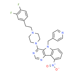 ChemSpider 2D Image | 4-{4-[2-(3,4-Difluorophenyl)ethyl]-1-piperazinyl}-9-nitro-5-(4-pyridinylmethyl)-5H-pyrimido[5,4-b]indole | C28H25F2N7O2