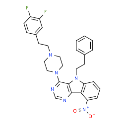 ChemSpider 2D Image | 4-{4-[2-(3,4-Difluorophenyl)ethyl]-1-piperazinyl}-9-nitro-5-(2-phenylethyl)-5H-pyrimido[5,4-b]indole | C30H28F2N6O2