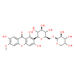 ChemSpider 2D Image | (1S)-1,5-Anhydro-6-O-beta-D-arabinopyranosyl-1-(1,3,7-trihydroxy-6-methoxy-9-oxo-9H-xanthen-2-yl)-D-glucitol | C25H28O15