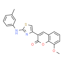 ChemSpider 2D Image | 8-Methoxy-3-{2-[(3-methylphenyl)amino]-1,3-thiazol-4-yl}-2H-chromen-2-one | C20H16N2O3S