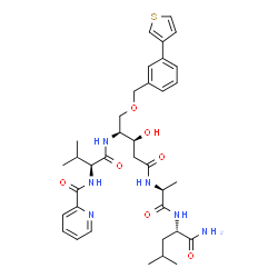 ChemSpider 2D Image | N-[(2S)-1-{[(2S,3S)-5-{[(2S)-1-{[(2S)-1-Amino-4-methyl-1-oxo-2-pentanyl]amino}-1-oxo-2-propanyl]amino}-3-hydroxy-5-oxo-1-{[3-(3-thienyl)benzyl]oxy}-2-pentanyl]amino}-3-methyl-1-oxo-2-butanyl]-2-pyridi
necarboxamide | C36H48N6O7S