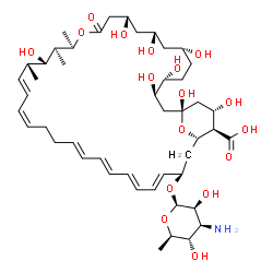 ChemSpider 2D Image | (1S,3R,4R,7R,9S,11S,15R,16S,17S,18R,33R,35S,36R,37S)-33-[(3-Amino-3,6-dideoxy-beta-D-mannopyranosyl)oxy]-1,3,4,7,9,11,17,37-octahydroxy-15,16,18-trimethyl-13-oxo-14,39-dioxabicyclo[33.3.1]nonatriacont
a-19,21,25,27,29,31-hexaene-36-carboxylic acid | C47H75NO17