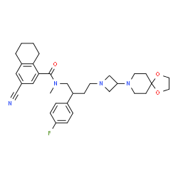 ChemSpider 2D Image | 3-Cyano-N-{4-[3-(1,4-dioxa-8-azaspiro[4.5]dec-8-yl)-1-azetidinyl]-2-(4-fluorophenyl)butyl}-N-methyl-5,6,7,8-tetrahydro-1-naphthalenecarboxamide | C33H41FN4O3