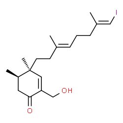 ChemSpider 2D Image | (4R,5R)-2-(Hydroxymethyl)-4-[(3E,7E)-8-iodo-3,7-dimethyl-3,7-octadien-1-yl]-4,5-dimethyl-2-cyclohexen-1-one | C19H29IO2